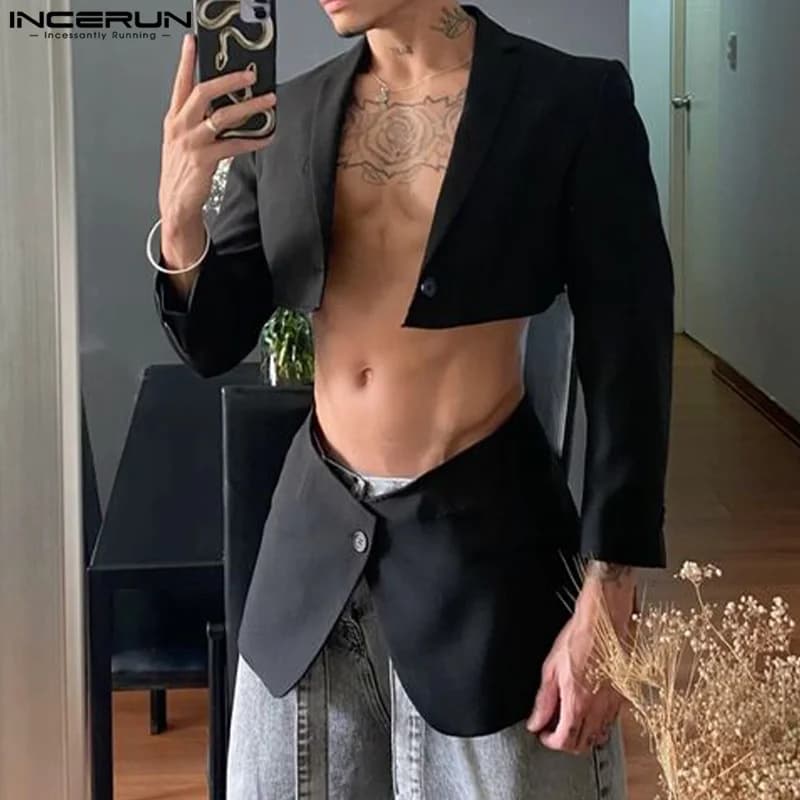 Pánské elegantní sako s výstřihem a asymetrickým střihem - módní jarní kabát slim fit