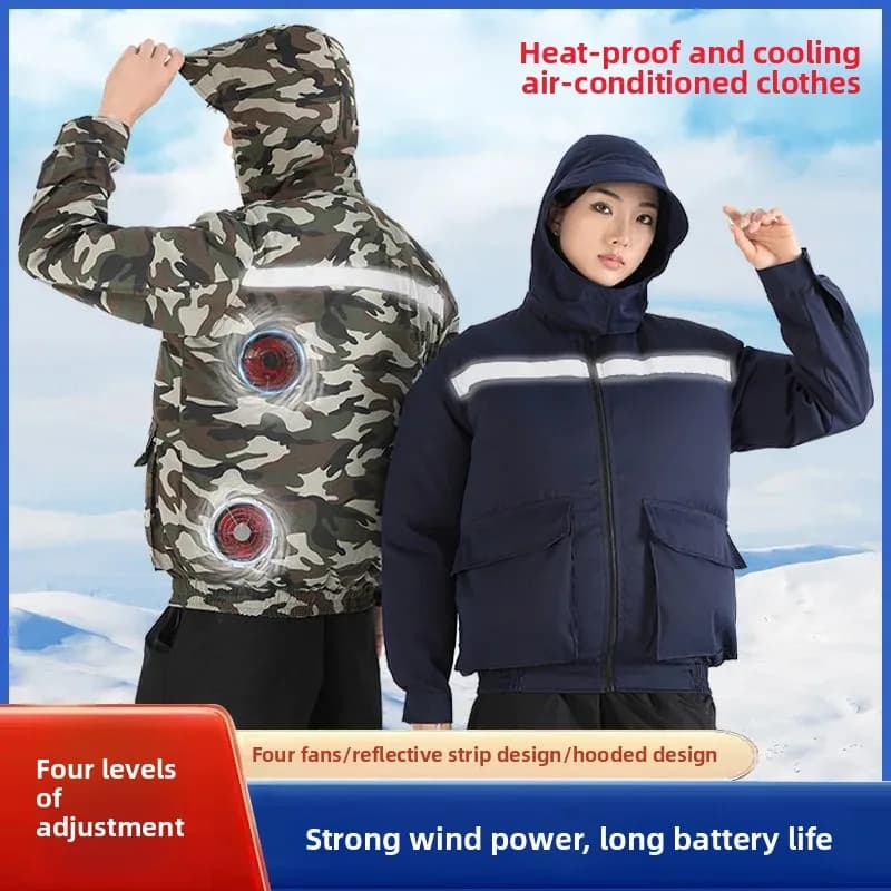 Pánská klimatizační bunda s kapucí a 4 ventilátory pro chladivou ochranu před horkem venku