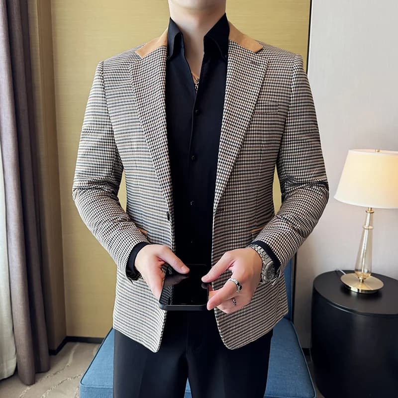 Pánský elegantní oblek sako slim fit károvaný společenský blazer na svatbu a do zaměstnání XS-4XL