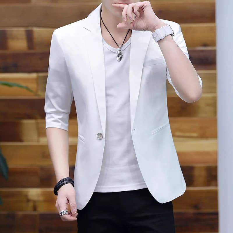 Pánské slim fit sako do společnosti - módní letní bunda v moderním střihu, béžová