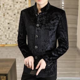 Pánský sametový blazer slim fit elegantní společenský oblek podzim/zima černý - náhled 2