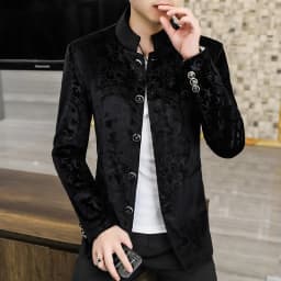 Pánský sametový blazer slim fit elegantní společenský oblek podzim/zima černý - náhled 4
