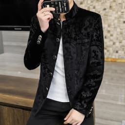 Pánský sametový blazer slim fit elegantní společenský oblek podzim/zima černý - náhled 7