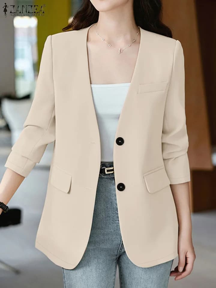 Dámský elegantní podzimní blazer slim fit s výstřihem do V - módní pracovní kabátek
