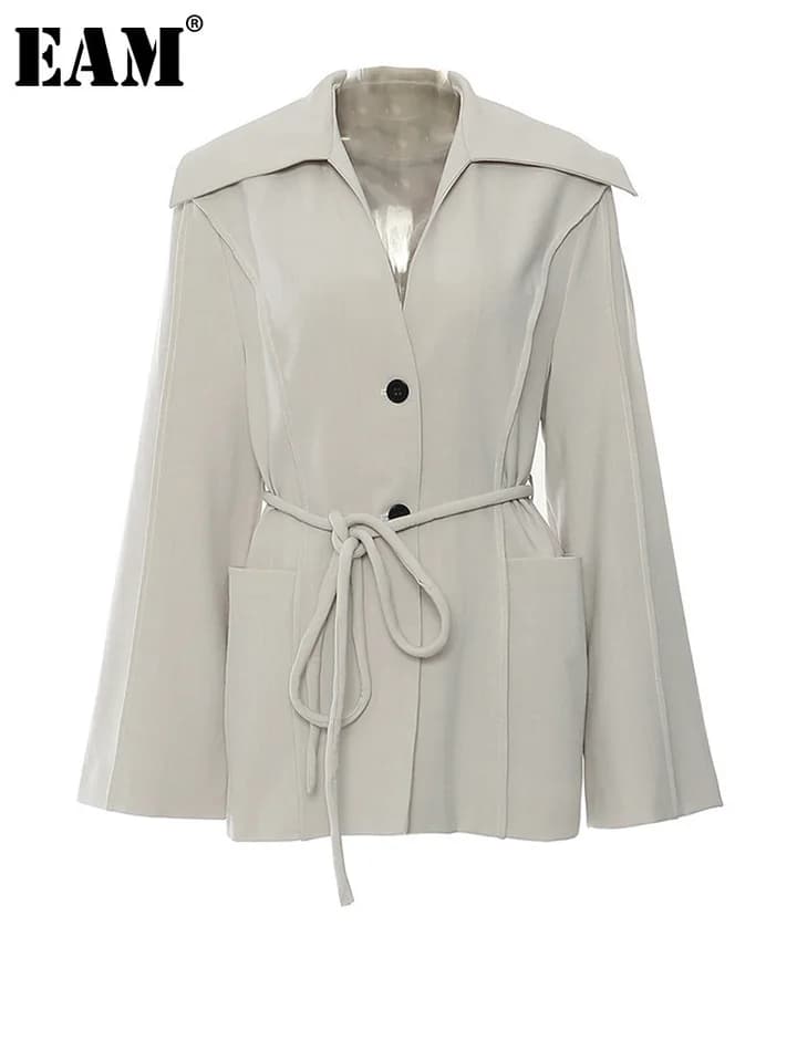 Dámské šedé sako s páskem - elegantní volnočasový blazer Plus Size jarní/podzimní kolekce