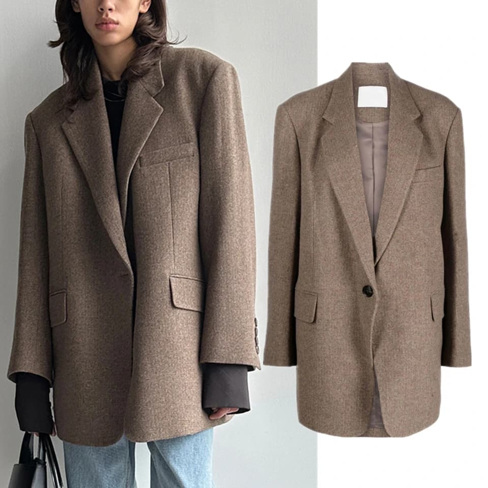 Dámský elegantní vlněný blazer minimalistický nordický styl volný střih vintage šedý