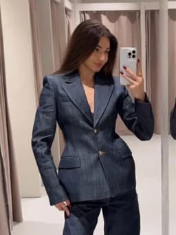 Dámský jarní džínový blazer vintage střih módní kabátek elegantní sako s límcem - náhled 3