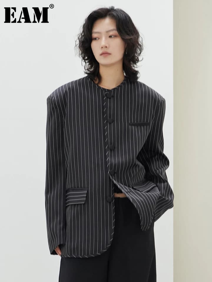 Dámský černý pruhovaný blazer nadměrná velikost elegantní volný střih jarní podzimní kabátek