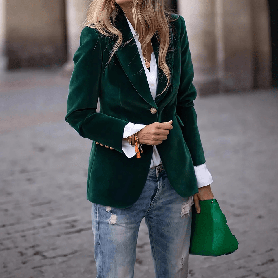 Dámské sametové sako slim fit - elegantní jarní kabátek do kanceláře a společnosti