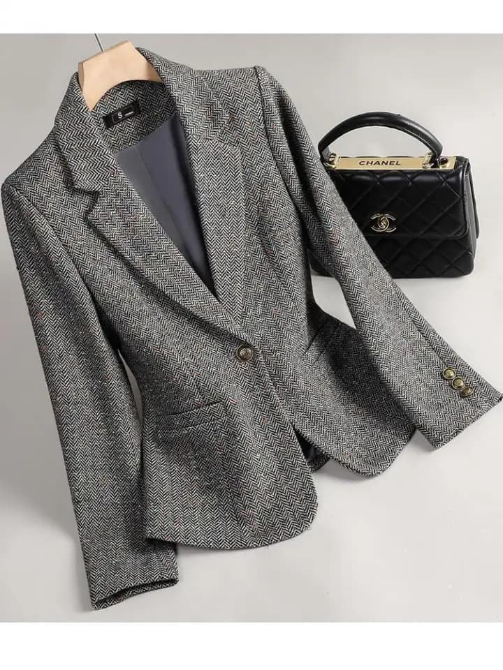 Dámský elegantní vlněný kabát v retro stylu - podzimní / zimní móda, hnědý melír, jednoduché zapínání