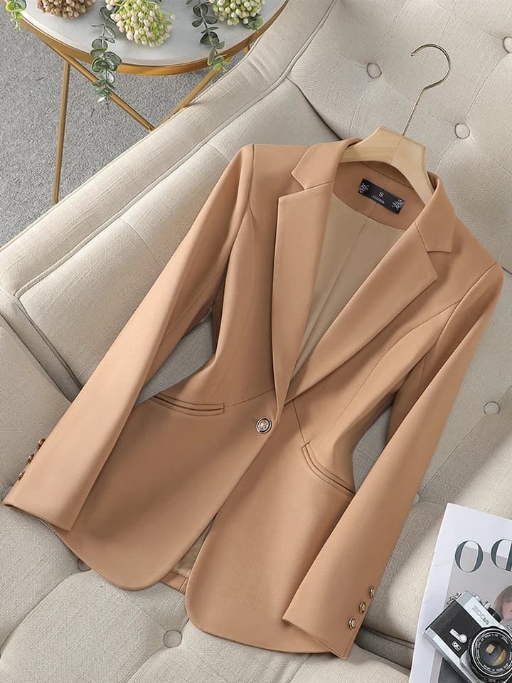 Dámské sako slim fit béžové elegantní kancelářské oblečení do práce podzim zima