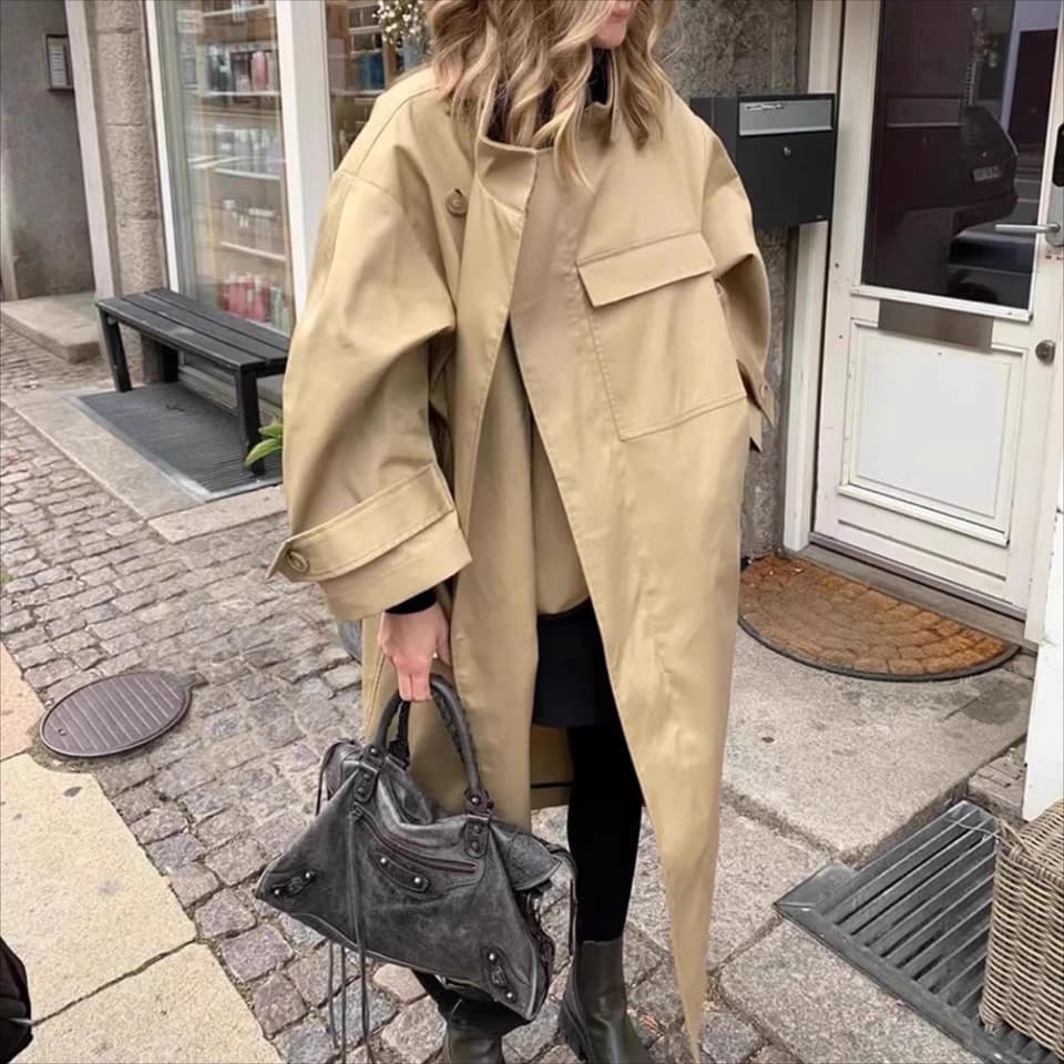 Dámský elegantní khaki blazer - dlouhý jarní kabát s límcem a jedním zapínáním