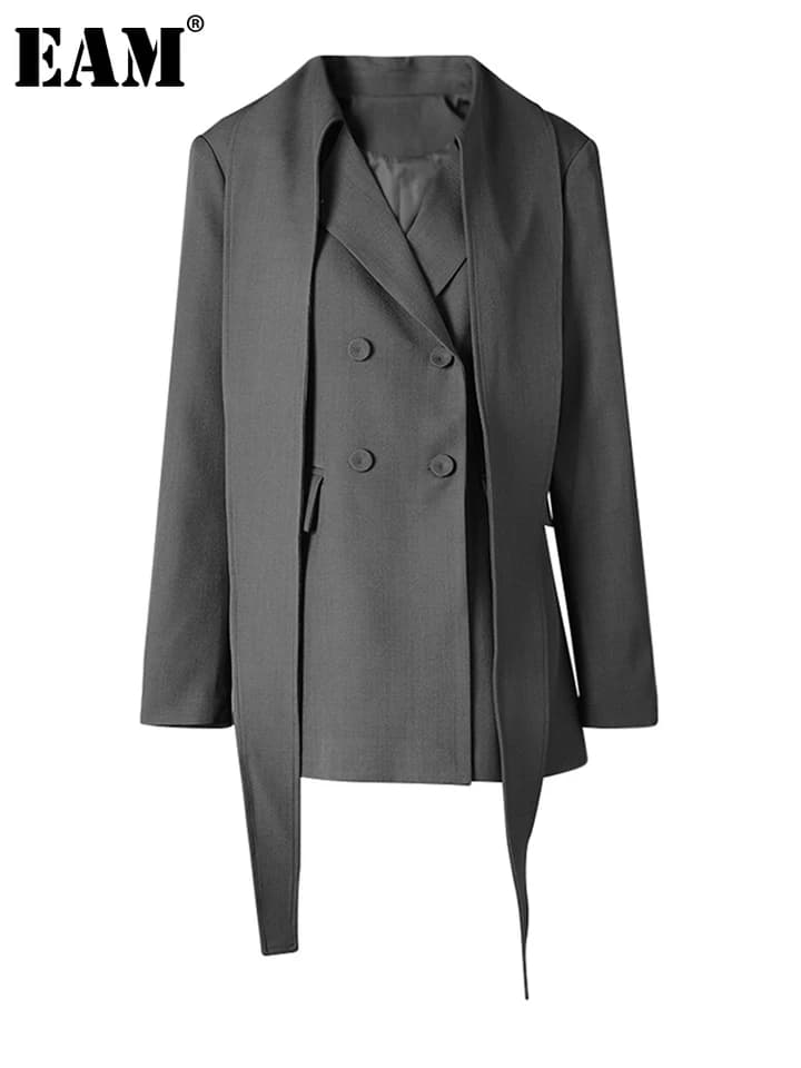 Dámské elegantní sako s dvojitým zapínáním - červené jarní podzimní sako s mašlí a límcem