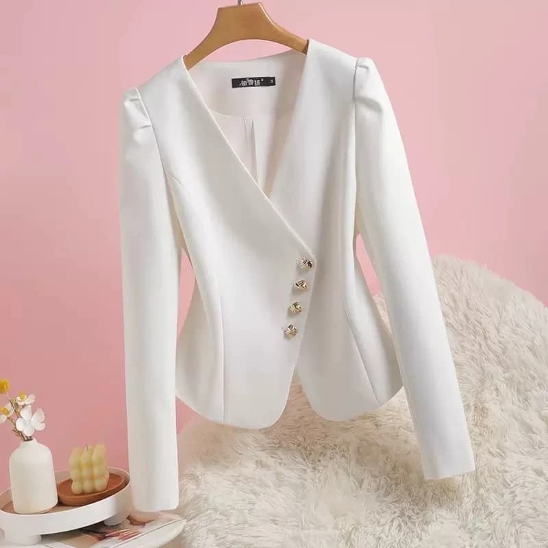Dámské elegantní sako V-výstřih slim fit kancelářský blazer jarní lehká bunda bílá černá