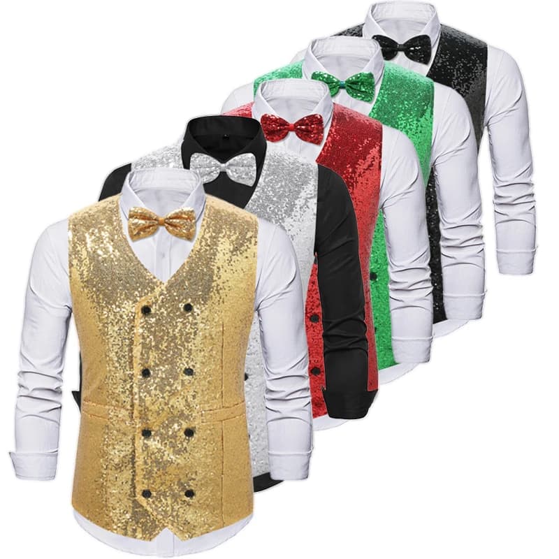 Pánská společenská vesta s flitry zlatá stříbrná slim fit elegantní svatební oblek XXS-3XL