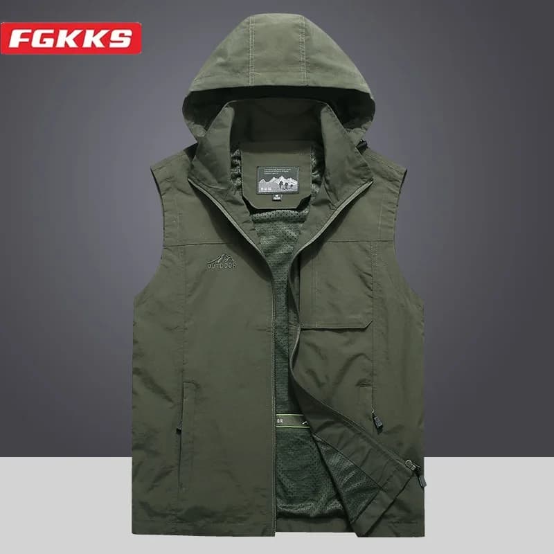 Pánská outdoorová vesta s kapucí a velkými kapsami - sportovní módní kabát pro volný čas