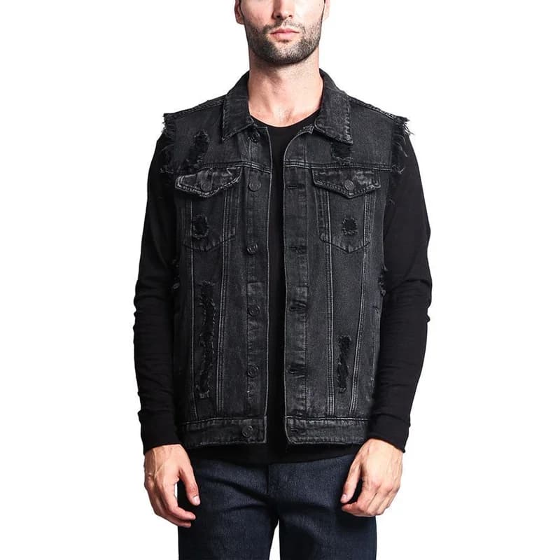 Pánská džínová vesta s roztrhaným střihem - módní cowboys styl, slim fit