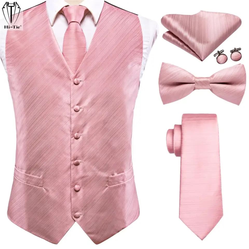 Luxusní hedvábná pánská vesta s motýlkem a doplňky - rose gold proužky, svatební oblek