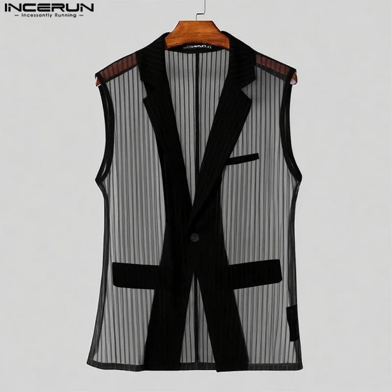 Pánská síťovaná vesta bez rukávů pruhovaný vzor letní módní styl S-5XL