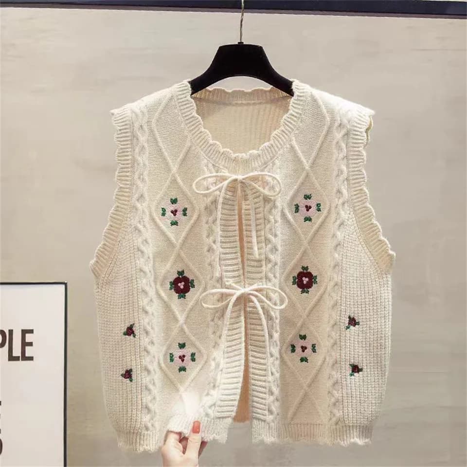 Dámská pletená vesta bez rukávů s výšivkou - elegantní jarní/podzimní kardigan 2024