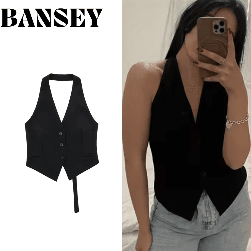Dámská letní vesta bez rukávů s výstřihem do V - módní crop top na běžné nošení