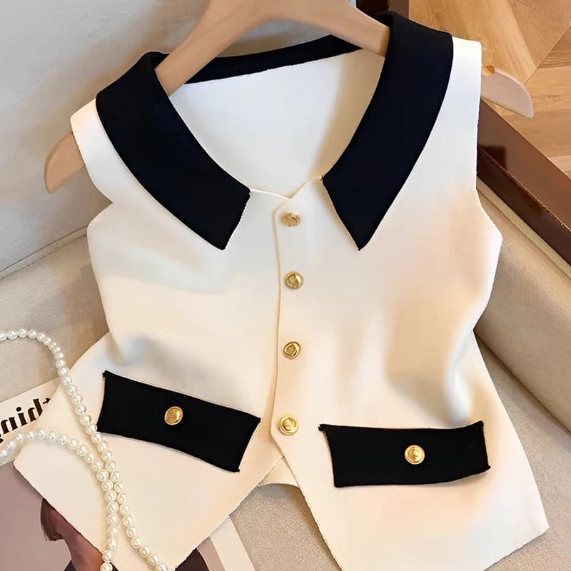 Dámská pletená vesta v módním color block designu - elegantní crop top s výstřihem do V