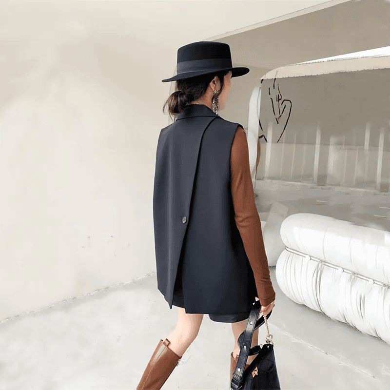 Dámská elegantní vesta bez rukávů - společenský kardigan do kanceláře, béžový slim fit
