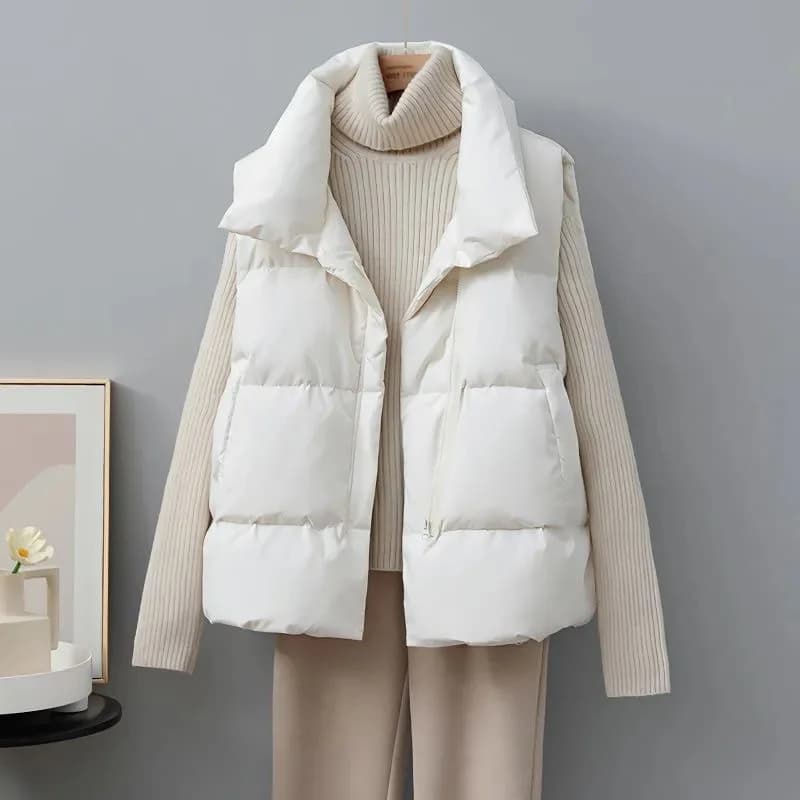 Dámská prošívaná vesta bez rukávů - zimní módní bunda s límcem na zip, teplá a stylová