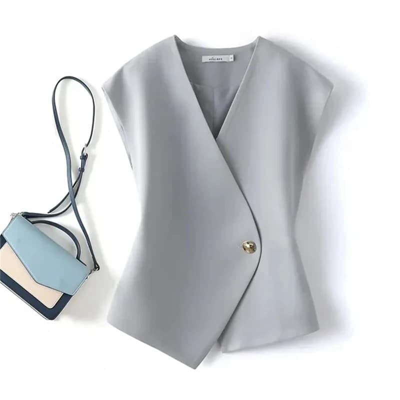 Dámská vesta sako slim fit elegantní jarní kabátek módní béžový lehký kabátek bez rukávů