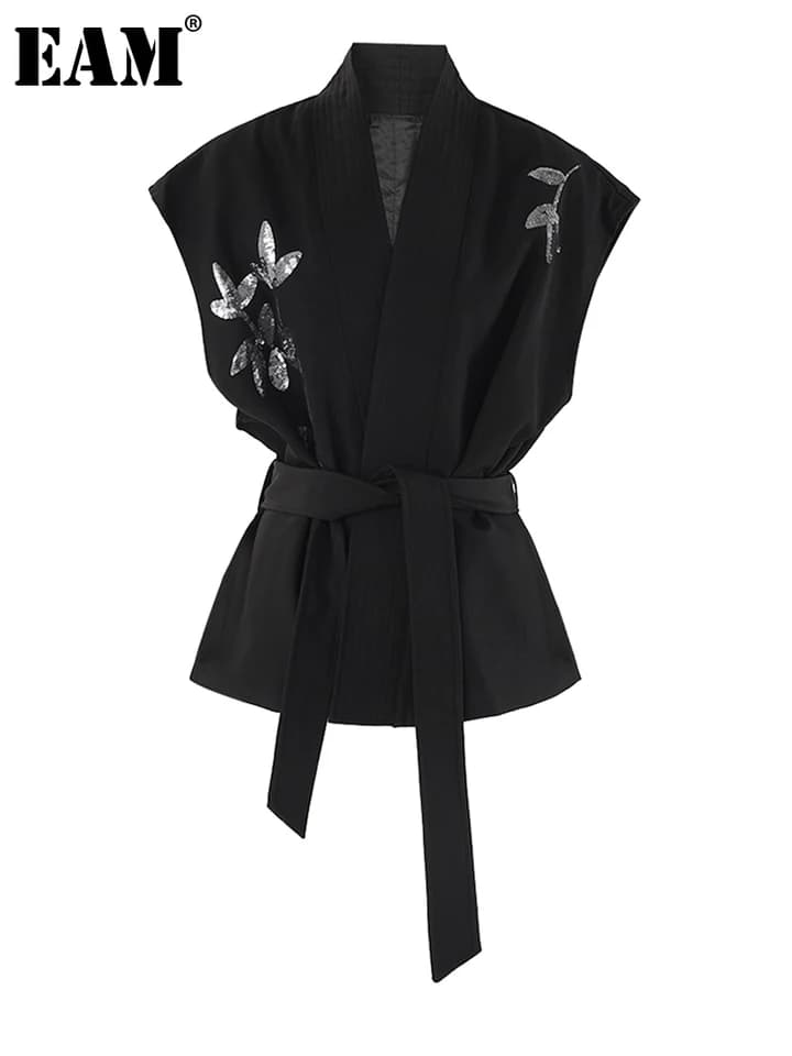 Dámská černá vesta s flitry a límcem V módní elegantní styl jaro podzim