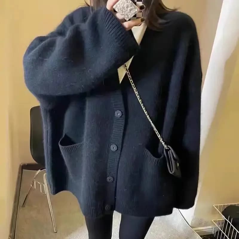 Dámský pletený kardigan volný střih jednobarevný měkký svetr módní podzimní styl