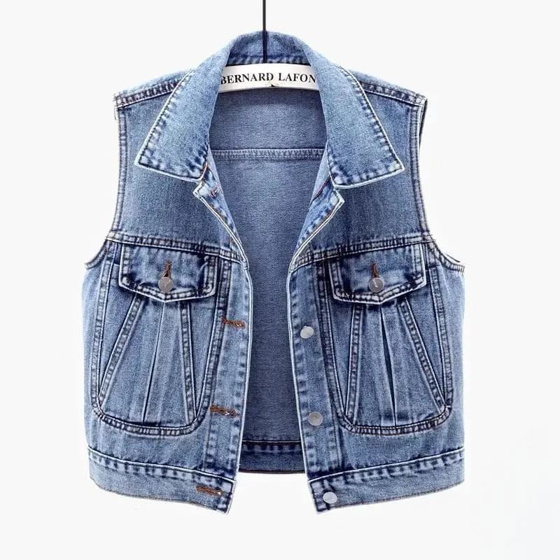 Dámská riflová vesta bez rukávů - módní jarní crop top svetr džínový styl štíhlý střih