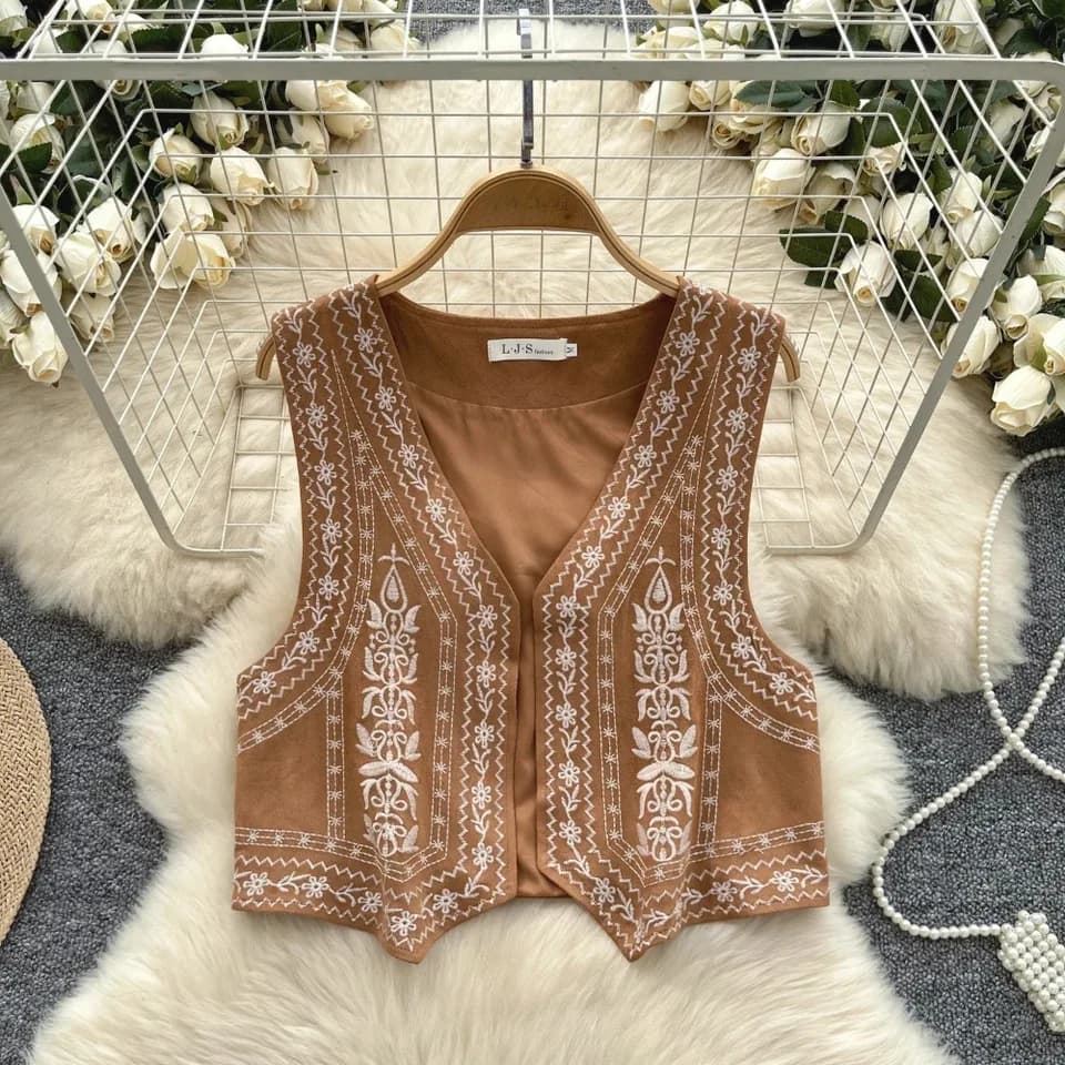 Elegantní dámská vintage vesta s výšivkou - módní letní top s volným střihem