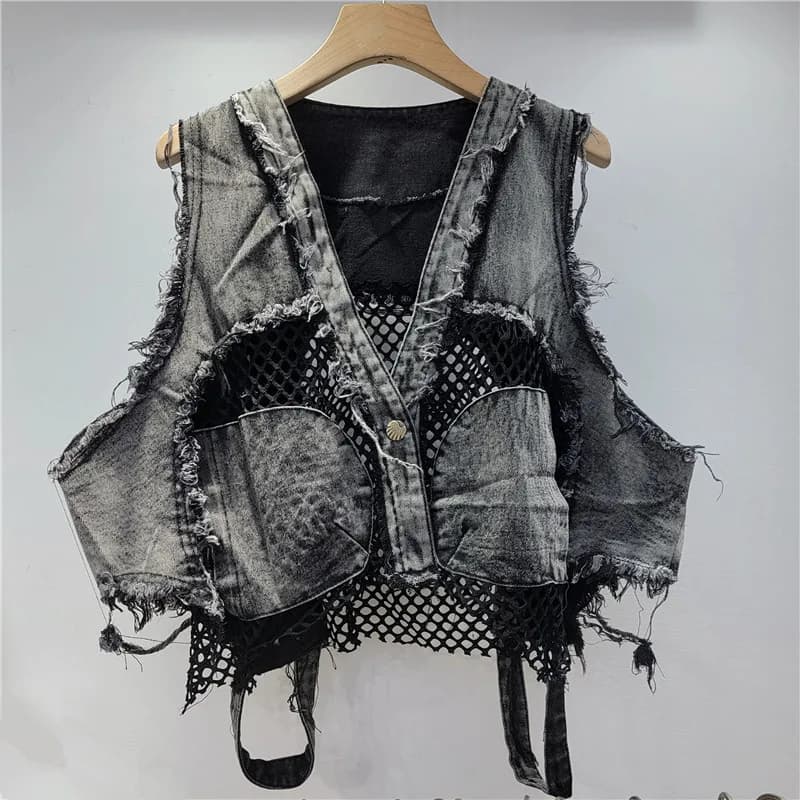 Designový džínový top dámský síťovaný módní kratší svetr volný styl trendy
