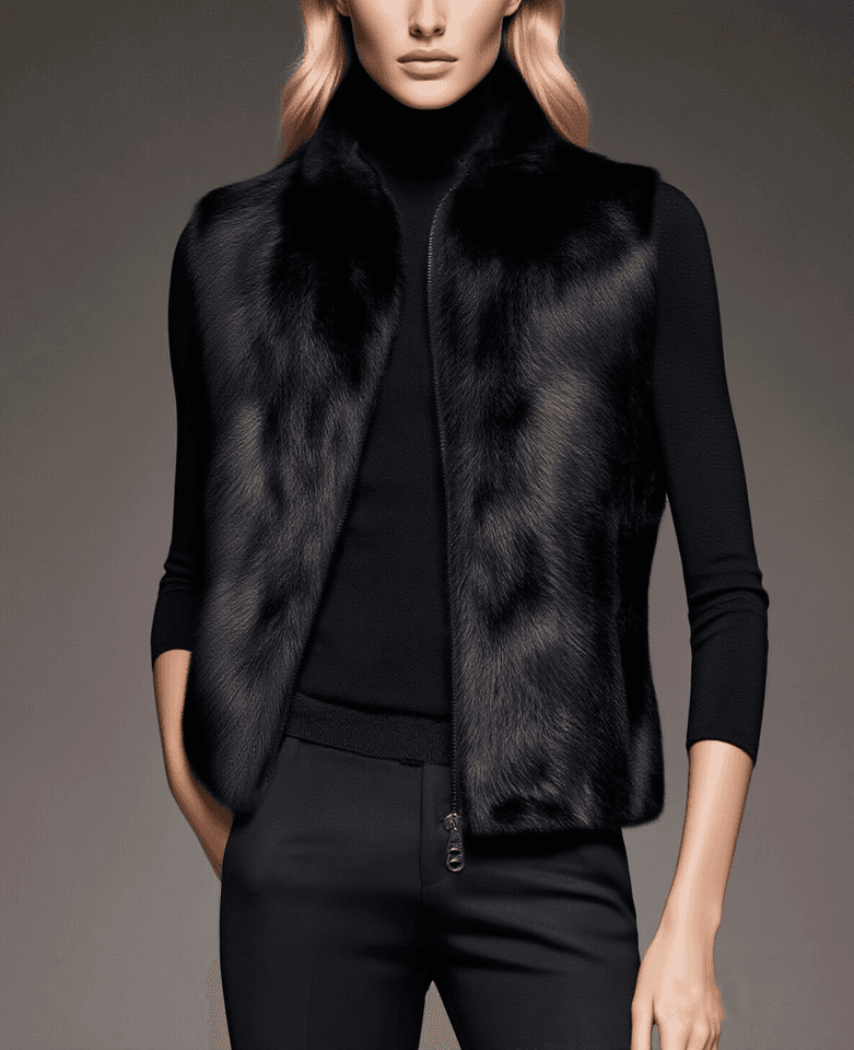 Dámská černá kožešinová vesta bez rukávů – teplý prošívaný módní kabátek na zip
