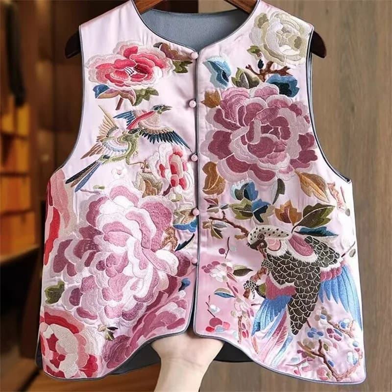 Dámská prošívaná vesta s elegantní výšivkou - lehký módní styl XS-XL