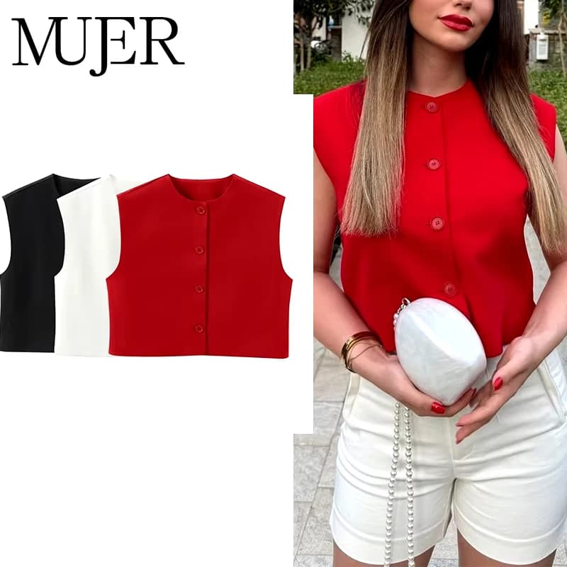 Dámská červená vesta bez rukávů krátká elegantní letní módní top