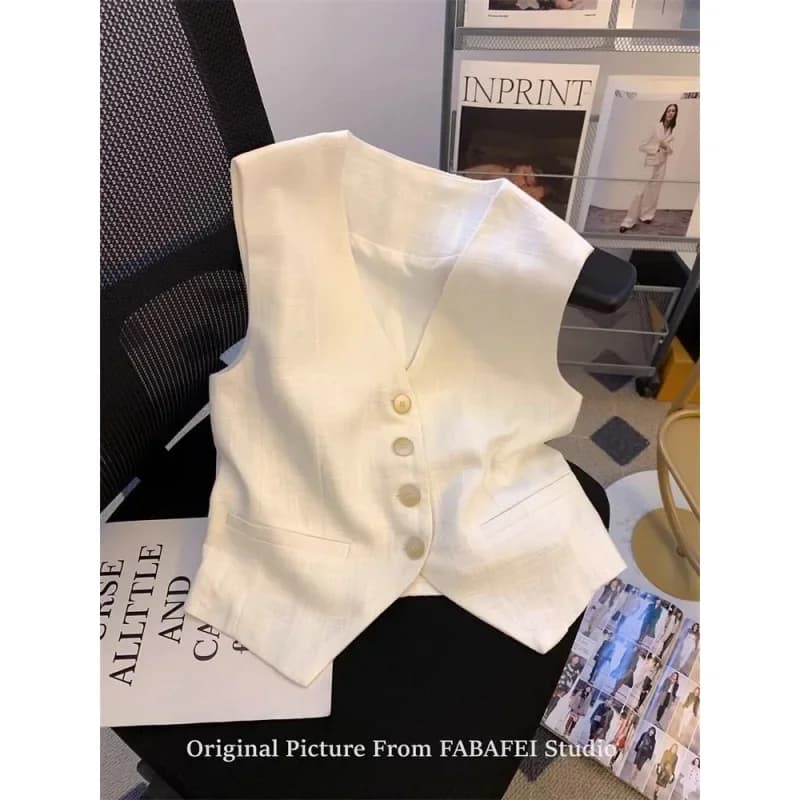 Dámská letní lněná vesta s výstřihem do V - elegantní a vzdušný top bílé barvy