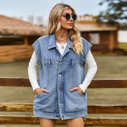 Dámská džínová vesta s límcem - volný střih, elastická, kapsičky, jednobarevná casual - náhled 3