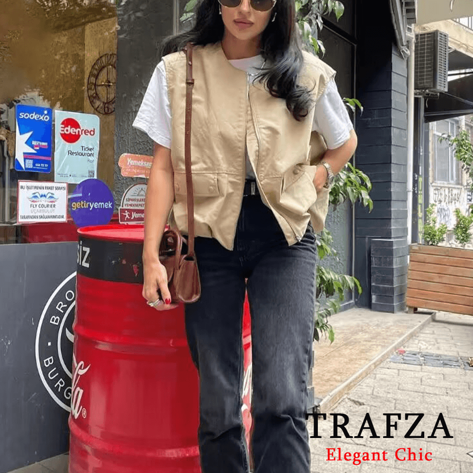 Dámská volnočasová vesta bez rukávů - módní sportovní styl, zipové zapínání, kapsičky, volný střih