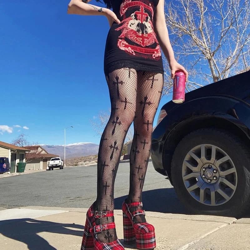 Dámské gotické síťované punčocháče Y2K retro stylelegantní módní doplněk černé barvy