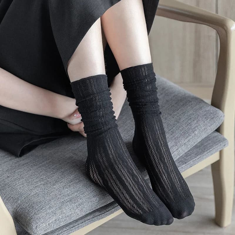 Dámské krajkové ponožky průsvitné elegantní módní vzor květiny střední délka