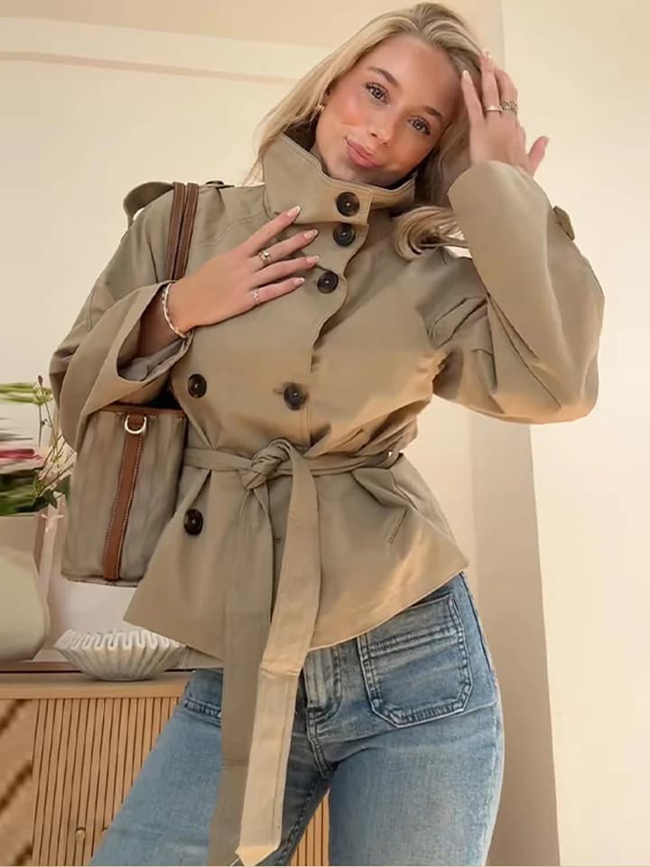 Dámský elegantní kabát s páskem - podzimní trenčkot s límcem, vintage střih, kancelářský styl