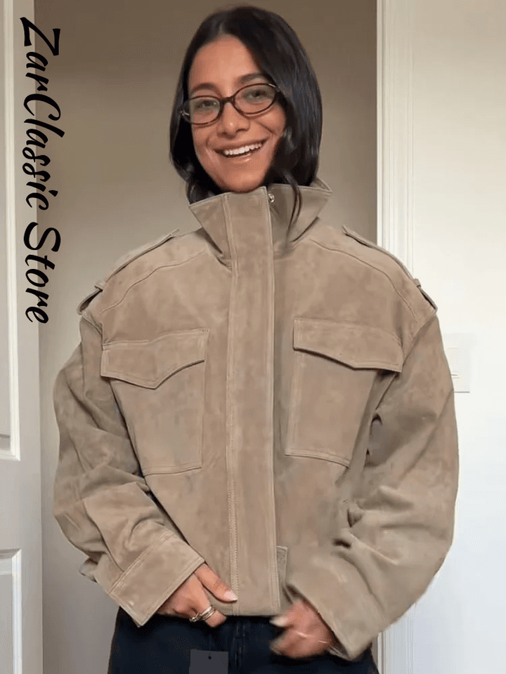 Dámská semišová bomber bunda volný střih límec na zip dlouhý rukáv podzimní móda