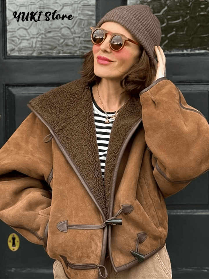 Dámská zimní bunda s kapucí - měkká vlněná péřová bunda do chladného počasí, oversized střih