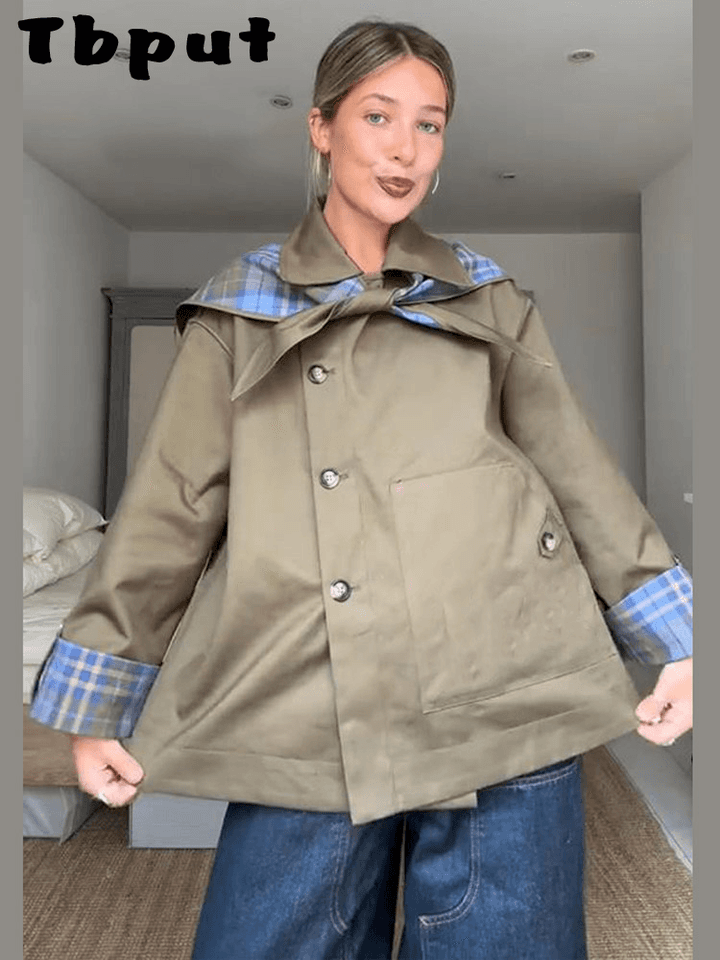 Dámský oboustranný kabát s límcem - elegantní podzimní móda, dlouhý rukáv, kapsy