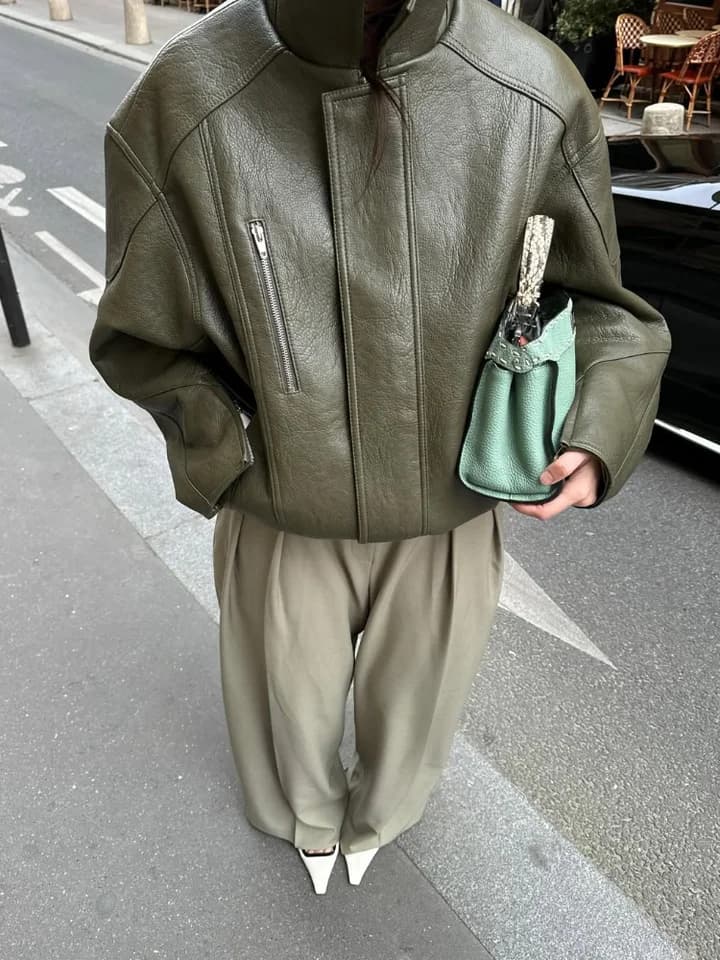 Pánská kožená bunda army zelená - vintage střih, elastický pas, volný střih,odzimní kabát