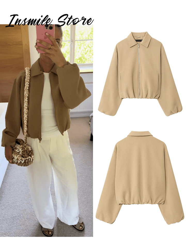 Dámská jarní/podzimní bunda se zipem a kapsami - elegantní krátký kabátek v casual stylu