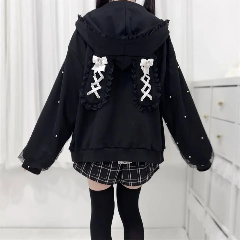 Dámská mikina s kapucí a králičíma ušima, roztomilý jarní svetr se šněrováním a mašlí