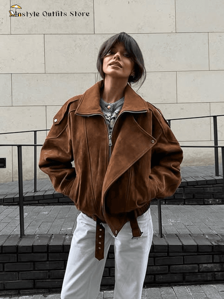 Dámská semišová bomber bunda s límcem a zipem - jarní/podzimní vintage styl